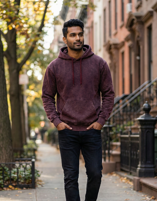 TEVAYAA Acid Wash Maroon Heavyweight Oversized Hoodie