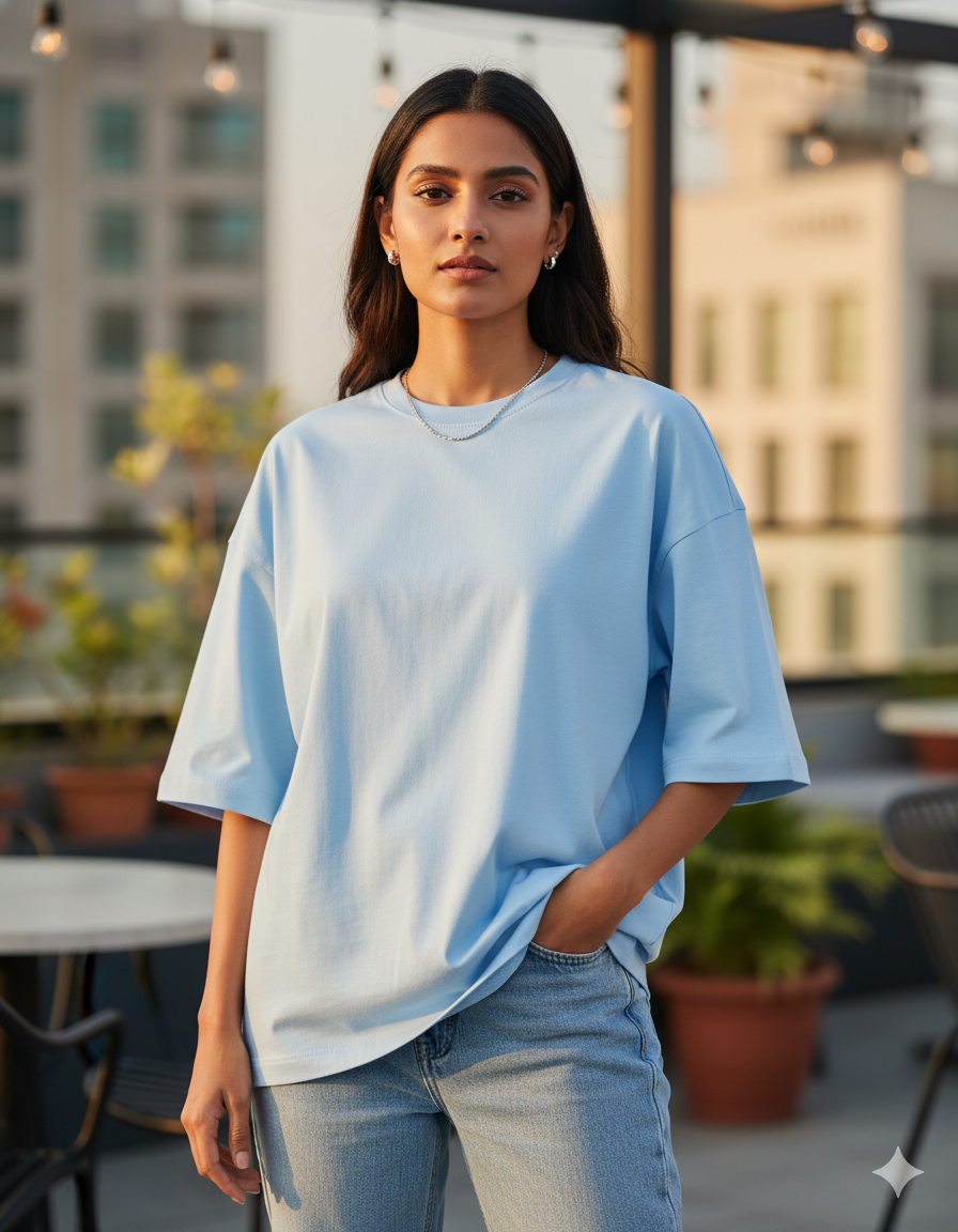Tevayaa Terry Cotton Light Baby Blue Green Oversized T-shirt