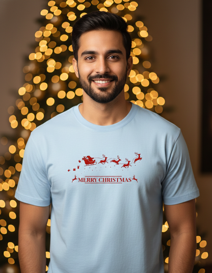 Merry Christmas Male Baby Blue T-Shirt by Tevayaa – Santa Sleigh Holiday Graphic