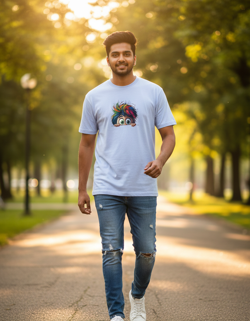 Tevayaa Men’s Baby Blue Graphic Tee – “Peekaboo Pop"