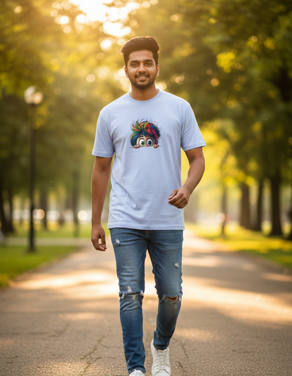 Tevayaa Men’s Baby Blue Graphic Tee – “Peekaboo Pop"