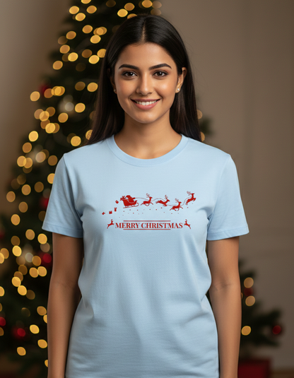 Merry Christmas Female Baby Blue T-Shirt by Tevayaa – Santa Sleigh Holiday Graphic