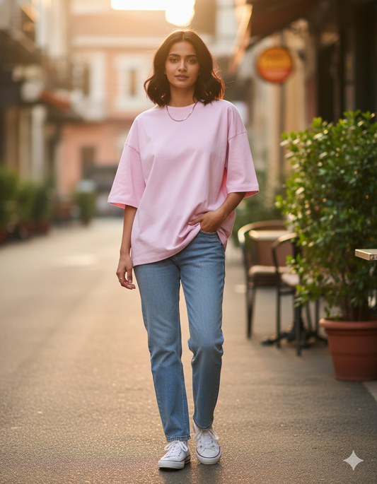 Tevayaa Terry Cotton Light Baby Pink Oversized T-shirt