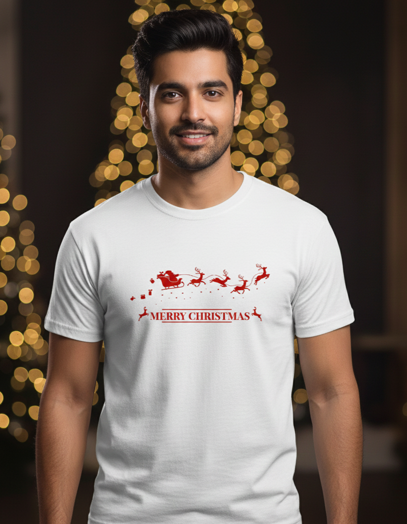 Merry Christmas Male White T-Shirt by Tevayaa – Santa Sleigh Holiday Graphic