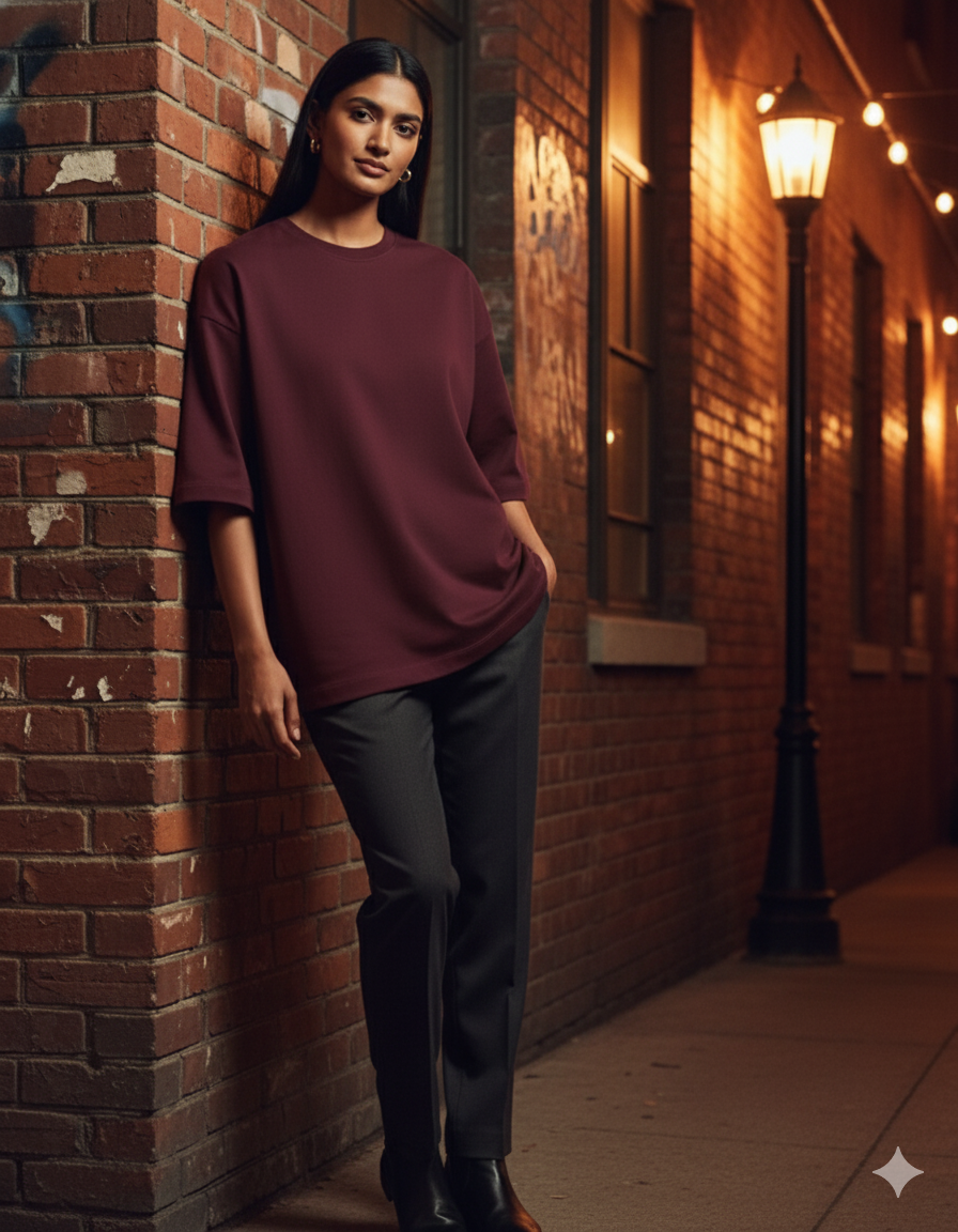 Tevayaa Terry Cotton Maroon Oversized T-shirt