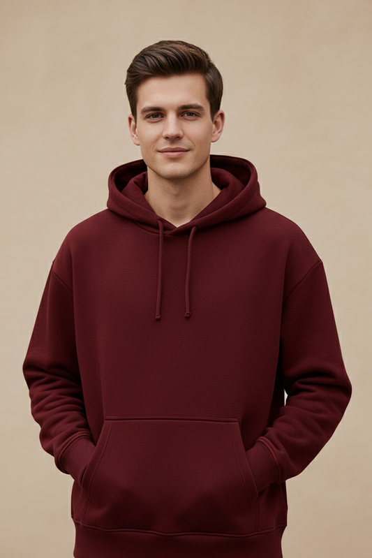 TEVAYAA Oversized Maroon Solid Male Hoodie