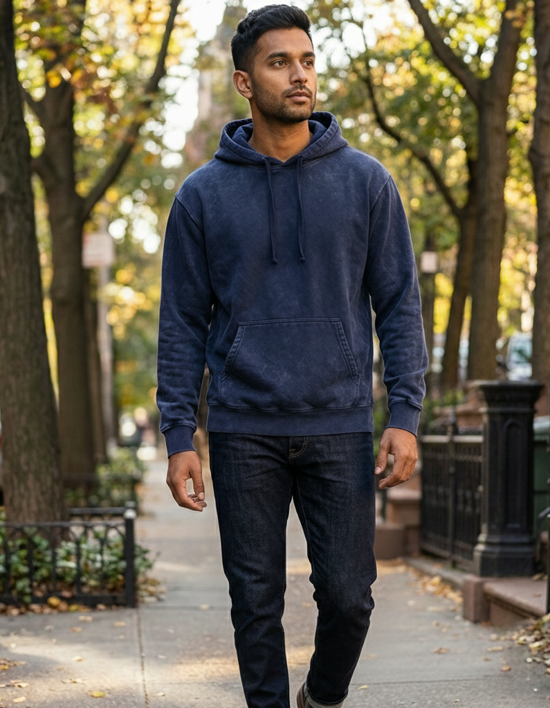 TEVAYAA Acid Wash Navy Blue Heavyweight Oversized Hoodie