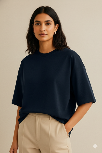 Tevayaa Terry Cotton Navy Blue Oversized T-shirt