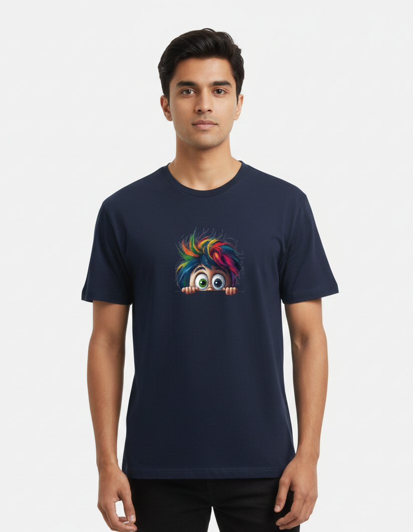 Tevayaa Men’s Navy Blue Graphic Tee – “Peekaboo Pop"