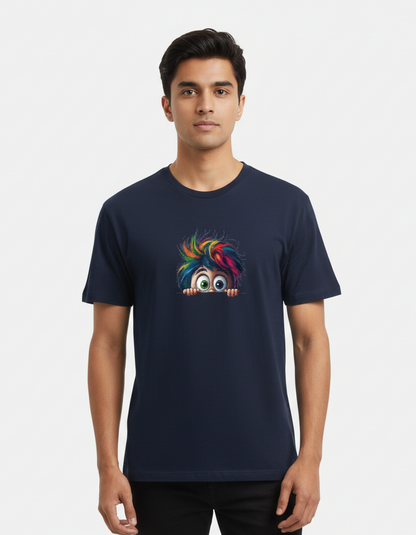 Tevayaa Men’s Navy Blue Graphic Tee – “Peekaboo Pop"