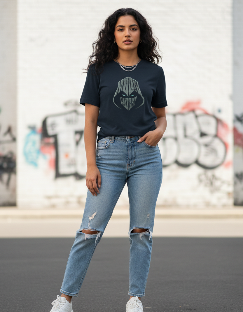 Moon Knight – Minimal Street Art Navy Blue Tee Female