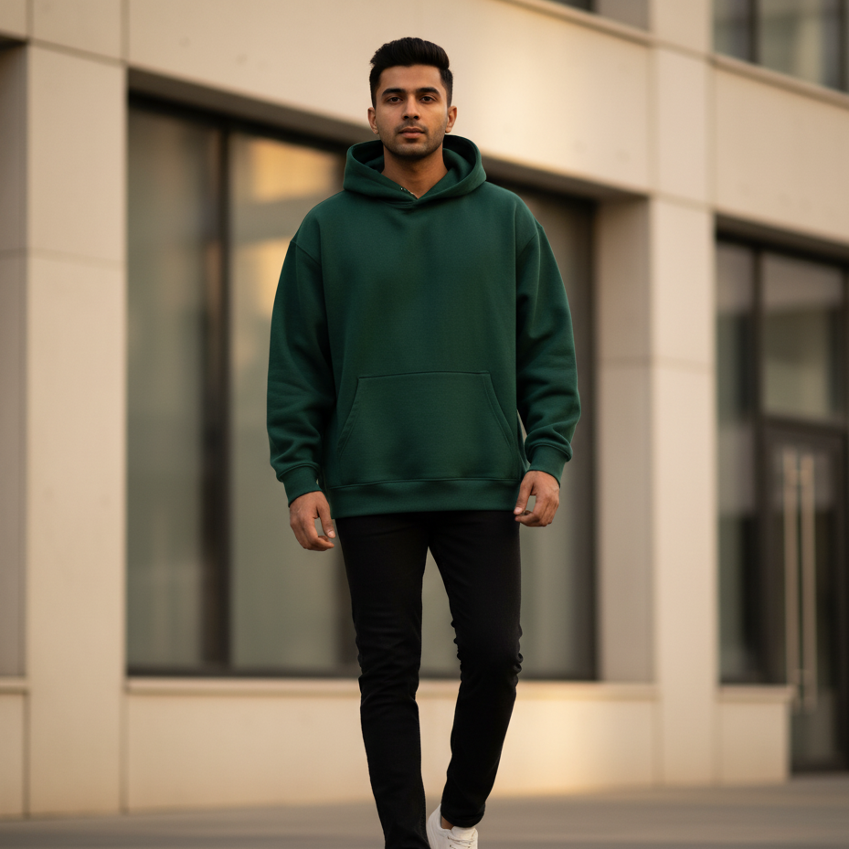 TEVAYAA Oversized Bottle Green Solid Male Hoodie