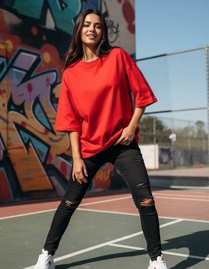 Tevayaa Terry Cotton Red Oversized T-shirt