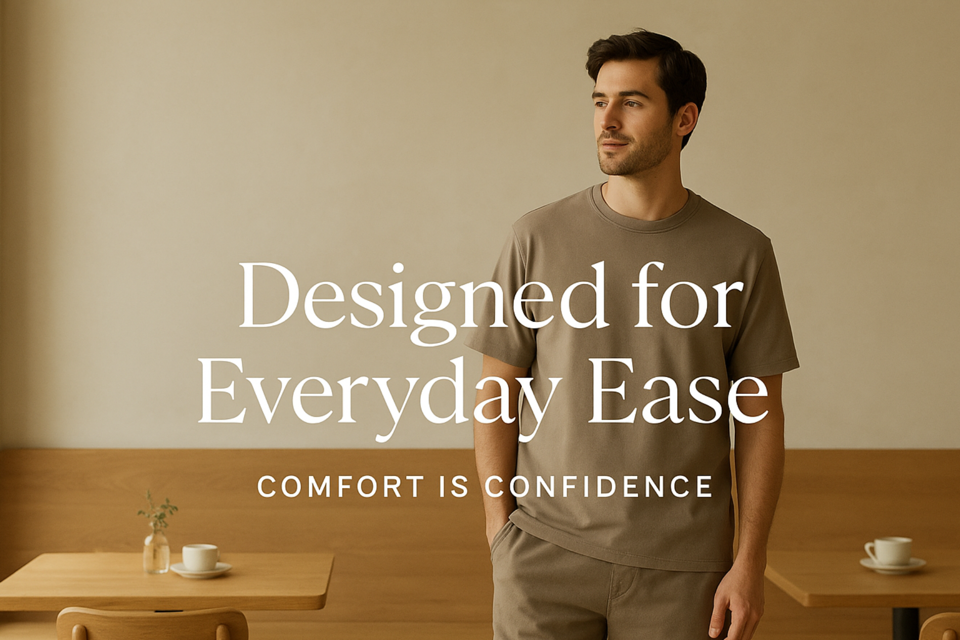 Man standing in a casual setting with text 'Designed for Everyday Ease' and 'Comfort is Confidence'.