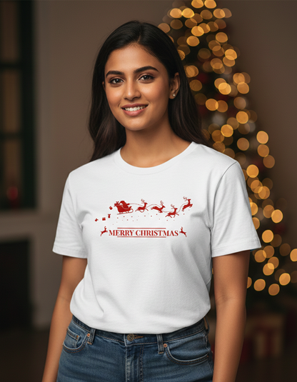 Merry Christmas Female White T-Shirt by Tevayaa – Santa Sleigh Holiday Graphic