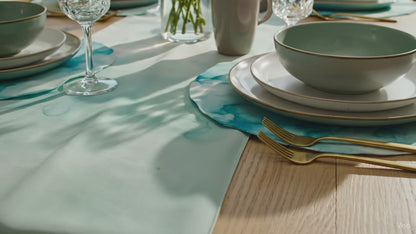 Aqua Mist Watercolor Table Runner – Soft Minimalist Dining Décor